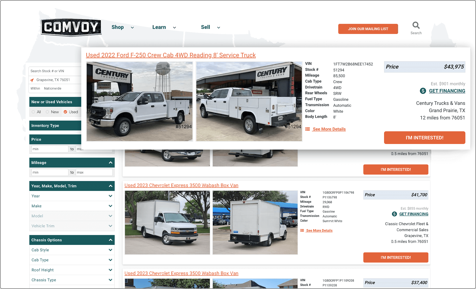 Commercial vehicle results page from Comvoy.com showcasing dealership solutions